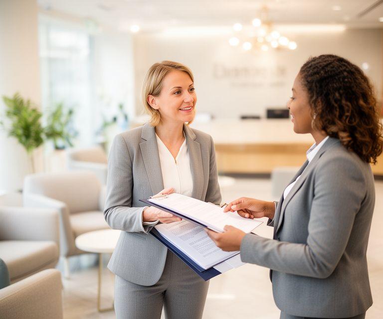 Client Relations Lead guiding a business owner through contract documents in a bright reception lounge