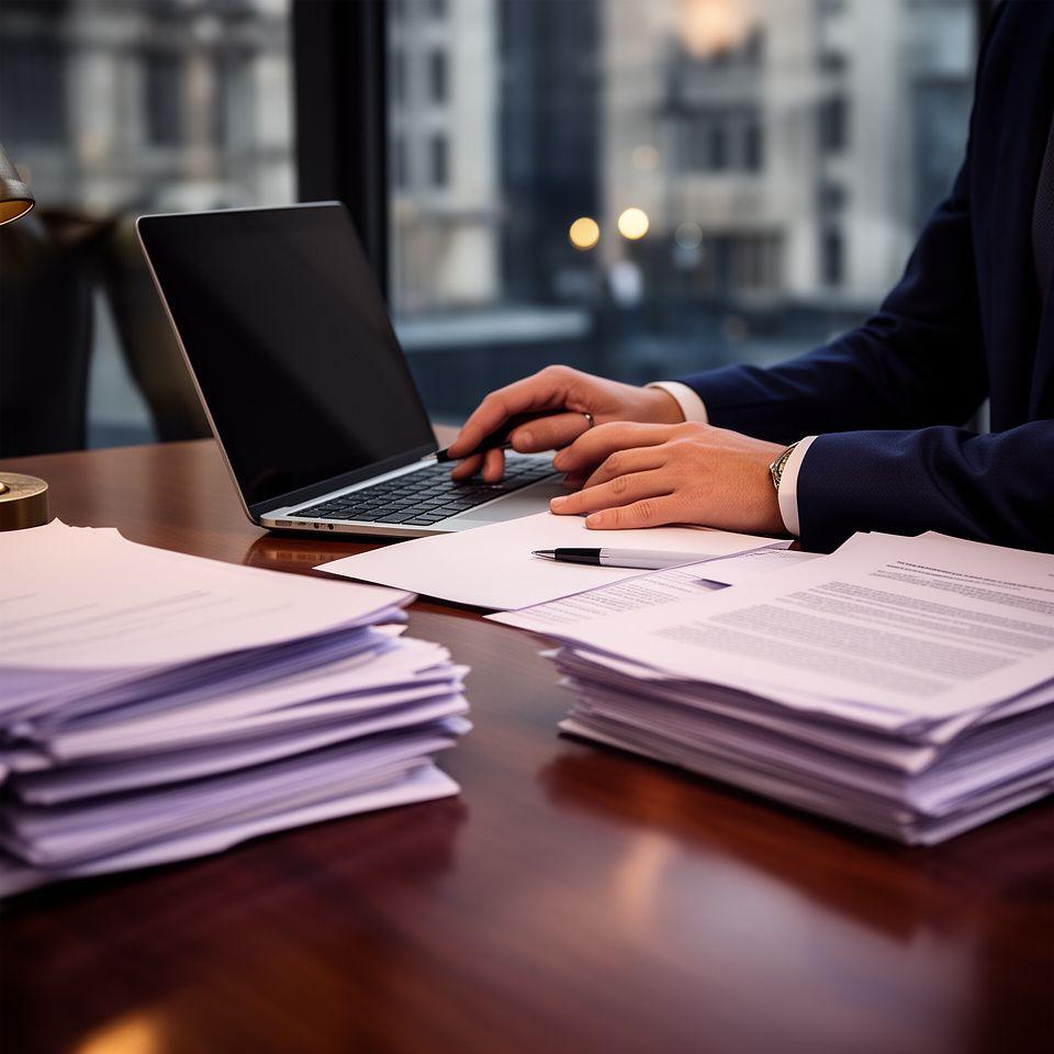 Legal adviser reviewing a contract at a polished London desk with neatly stacked papers and a laptop