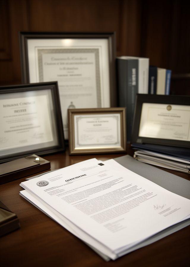 Solstice Legal team credentials displayed in a formal office setting with framed certificates and contract files